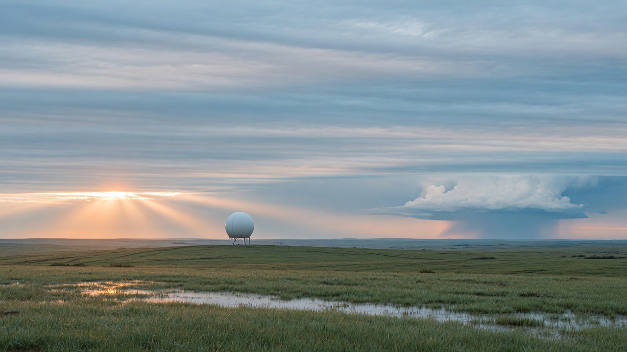 White weather radar dome on wet prairie grass at sunrise, with a distant thunderstorm on the horizon